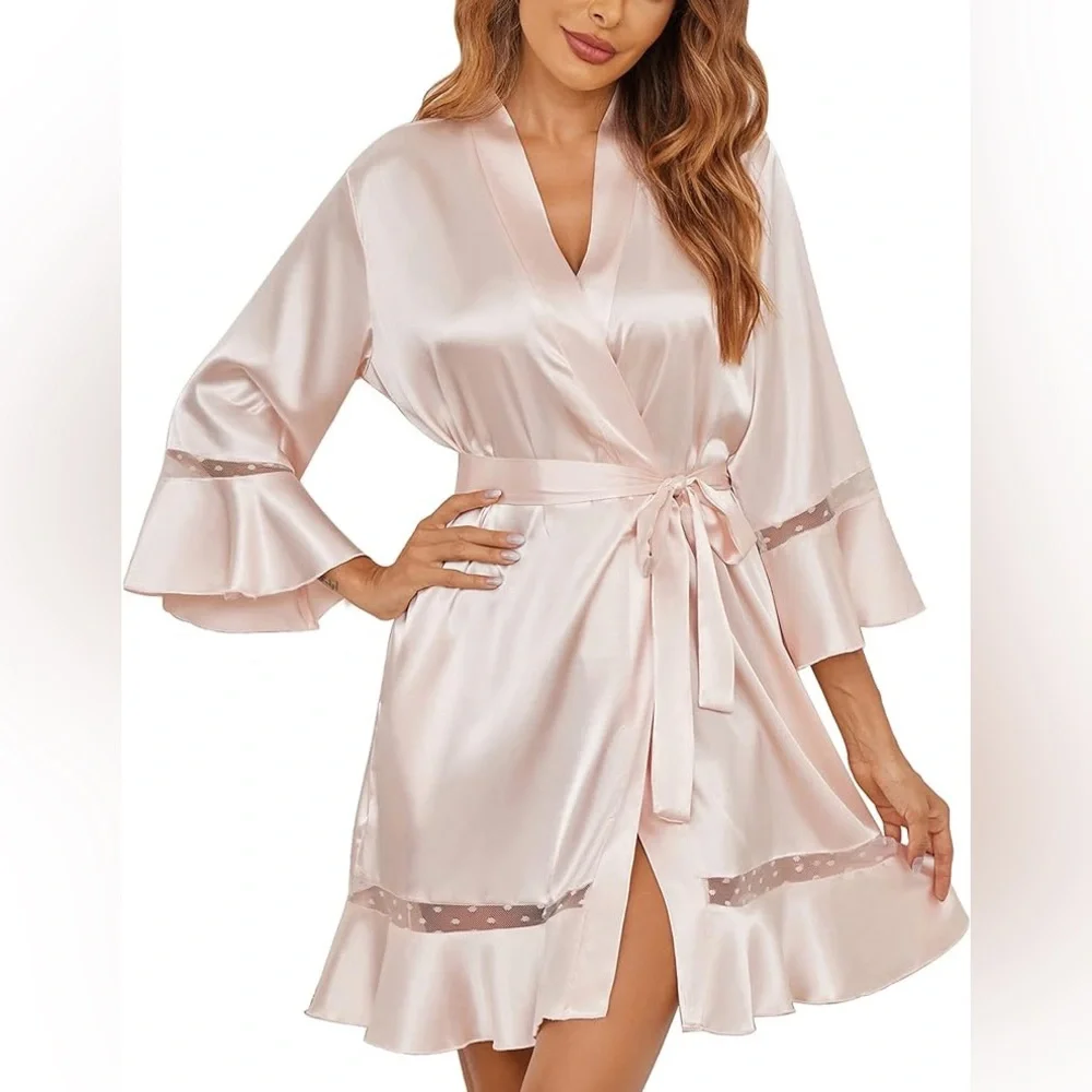 (A8) Ekouaer Robe for Women Satin Kimono‎ Ruffle Hem Silky, Size Small, NWT